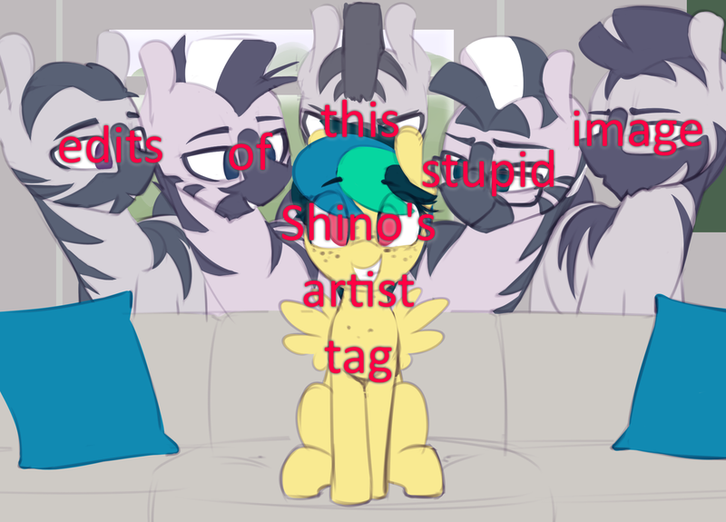 Size: 1280x920 | Tagged: safe, artist:shinodage, derpibooru import, edit, editor:moonatik, oc, oc:apogee, unofficial characters only, pegasus, pony, zebra, :o, bedroom eyes, couch, cute, eyes on the prize, female, filly, freckles, glasses, grin, imminent foalcon, imminent sex, lidded eyes, looking at you, male, meme, meta, open mouth, pillow, piper perri surrounded, sitting, smiling, smirk, squee, stallion, text, zebradom