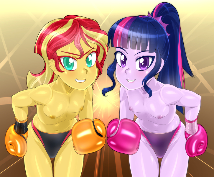 Size: 2024x1672 | Tagged: questionable, artist:pugilismx, derpibooru import, sunset shimmer, twilight sparkle, equestria girls, -sports panties, black underwear, boxing, boxing gloves, breasts, clothes, delicious flat chest, duo, duo female, female, foxy boxing, image, jpeg, nipples, nudity, panties, partial nudity, purple underwear, small breasts, sports, topless, underwear