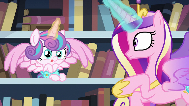 Size: 1280x720 | Tagged: safe, derpibooru import, screencap, princess cadance, princess flurry heart, pony, the crystalling, baby, baby alicorn, baby flurry heart, baby pony, book, bookshelf, cloth diaper, cute, diaper, diapered, diapered filly, female, filly, library, light pink diaper, magic, mother and daughter, safety pin, tongue out, wings