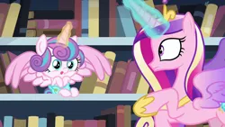 Size: 1280x720 | Tagged: safe, derpibooru import, screencap, princess cadance, princess flurry heart, pony, the crystalling, baby, baby alicorn, baby flurry heart, baby pony, book, bookshelf, cloth diaper, cute, diaper, diapered, diapered filly, female, filly, library, light pink diaper, magic, mother and daughter, safety pin, tongue out, wings
