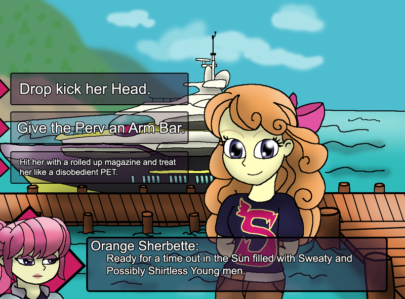 Size: 1170x864 | Tagged: safe, artist:pokecure123, derpibooru import, diwata aino, orange sherbette, equestria girls, background human, pier, yacht