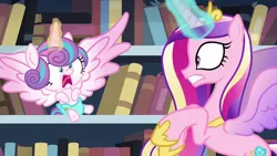 Size: 1280x720 | Tagged: safe, derpibooru import, screencap, princess cadance, princess flurry heart, pony, the crystalling, baby, baby alicorn, baby flurry heart, baby pony, book, bookshelf, cloth diaper, cute, diaper, diapered, diapered filly, female, gritted teeth, library, light pink diaper, magic, mother and daughter, nervous, pre sneeze, reeee, safety pin, spread wings, wide eyes, wings, yikes