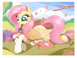 Size: 7004x5340 | Tagged: safe, artist:nevobaster, derpibooru import, fluttershy, bird, butterfly, deer, parrot, pegasus, pony, absurd resolution, bandage, clothes, colored wings, crimson rosella, cute, doe, female, first aid, first aid kit, fluttermom, gloves, hot air balloon, injured, kindness, looking at each other, mare, medicine, mouth hold, prone, scissors, shyabetes, solo, wings