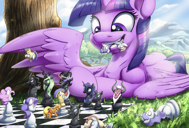 Size: 2500x1703 | Tagged: safe, artist:tsitra360, derpibooru import, applejack, king sombra, lord tirek, lyra heartstrings, nightmare moon, pinkie pie, pony of shadows, princess luna, queen chrysalis, rainbow dash, rarity, twilight sparkle, twilight sparkle (alicorn), ponified, alicorn, centaur, changeling, changeling queen, earth pony, pegasus, pony, unicorn, antagonist, appletini, bench, blank eyes, chess, chess piece, chessboard, chessboard incorrectly oriented, cloud, cloudy, evil grin, eyes closed, fangs, female, figurine, forest, frown, glare, glowing eyes, grass, grin, gritted teeth, guard, knight, looking down, lying, male, mane six, mare, micro, missing accessory, missing hat, mountain, mountain range, mouth hold, no iris, no pupils, nom, object, open mouth, outdoors, pony figurine, pony figurines, prone, pushing, royal guard, sitting, size difference, sky, small pony, smiling, smirk, spread wings, stallion, standing, tiny, tiny ponies, tree, unicorn royal guard, wallpaper, wat, wing fluff, wing hands, wing hold, wings