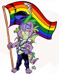 Size: 1005x1280 | Tagged: artist:grotezco, clothes, derpibooru import, flag pole, flag waving, gay pride, gay pride flag, gay spike, hand on hip, headcanon, leather hat, leather pants, leather straps, lgbt, looking at you, male, pants, pride, pride flag, pride month, sexuality headcanon, simple background, smiling, solo, solo male, spike, suggestive, white background