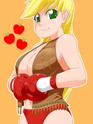 Size: 864x1152 | Tagged: absolute cleavage, applejack, artist:pugilismx, big breasts, boxing, boxing gloves, breasts, cleavage, clothes, derpibooru import, green eyes, human, humanized, open jacket, red, red underwear, sports, suggestive, underwear, vest