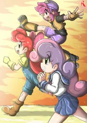 Size: 2894x4093 | Tagged: apple bloom, artist:ryured, boots, clothes, cute, cutie mark crusaders, derpibooru import, fingerless gloves, gloves, helmet, human, humanized, open mouth, overalls, rollerblades, safe, school uniform, scootaloo, shoes, shorts, sweetie belle