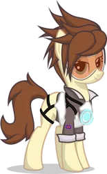 Size: 703x1135 | Tagged: safe, artist:stainless33, derpibooru import, oc, ponified, earth pony, pony, bedroom eyes, british, clothes, cosplay, costume, crossover, overwatch, sexy, simple background, tracer, transparent background, wrong eye color