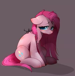 Size: 976x1000 | Tagged: safe, artist:snow angel, derpibooru import, pinkie pie, earth pony, pony, bent, bent back, big eyes, depressed, female, floppy ears, fluffy, frontbend, frown, gray background, huge eyes, lidded eyes, mare, neck fluff, pinkamena diane pie, sad, shoulder fluff, simple background, sitting, solo