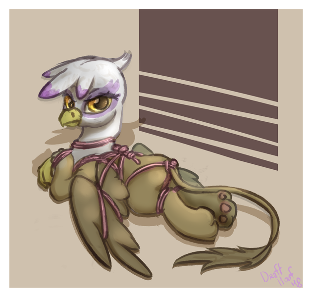 Size: 1050x1000 | Tagged: suggestive, artist:drafthoof, derpibooru import, gilda, gryphon, bondage, bound legs, bound wings, bound wrists, female, frown, image, looking at you, looking back, looking back at you, partially open wings, paw pads, paws, png, prone, rope, rope bondage, shibari, simple background, solo, solo female, tied up, wings