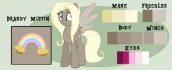 Size: 1938x793 | Tagged: safe, artist:ipandacakes, derpibooru import, oc, oc:brandy muffin, pegasus, pony, female, mare, offspring, parent:derpy hooves, parent:doctor whooves, parents:doctorderpy, reference sheet, solo
