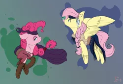 Size: 1024x701 | Tagged: safe, artist:falling-stars-1, derpibooru import, fluttershy, pinkie pie, butterfly, pony, alternate universe, clothes