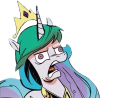 Size: 591x464 | Tagged: safe, artist:andypriceart, derpibooru import, edit, editor:childofthenight, idw, princess celestia, alicorn, pony, spoiler:comic, spoiler:comic49, background removed, crown, derp, female, jewelry, majestic as fuck, mare, open mouth, peytral, reaction image, regalia, simple background, solo, transparent background, wat