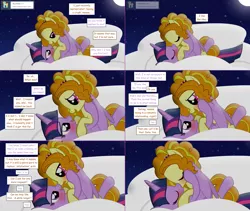 Size: 2564x2168 | Tagged: safe, artist:hakunohamikage, derpibooru import, adagio dazzle, twilight sparkle, twilight sparkle (alicorn), ponified, alicorn, pony, ask-princesssparkle, adagilight, blushing, cloud, comic, female, high res, kissing, lesbian, moon, night, shipping