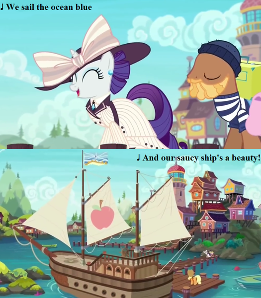 Size: 945x1080 | Tagged: safe, derpibooru import, edit, edited screencap, screencap, applejack, rarity, unnamed pony, pony, ppov, background pony, cap, clothes, cropped, devon cody, dress, flag, gilbert and sullivan, h.m.s. pinafore, hat, lyrics, marina, pier, porter, raristocrat, sailship, seaward shoals, ship, song reference, text