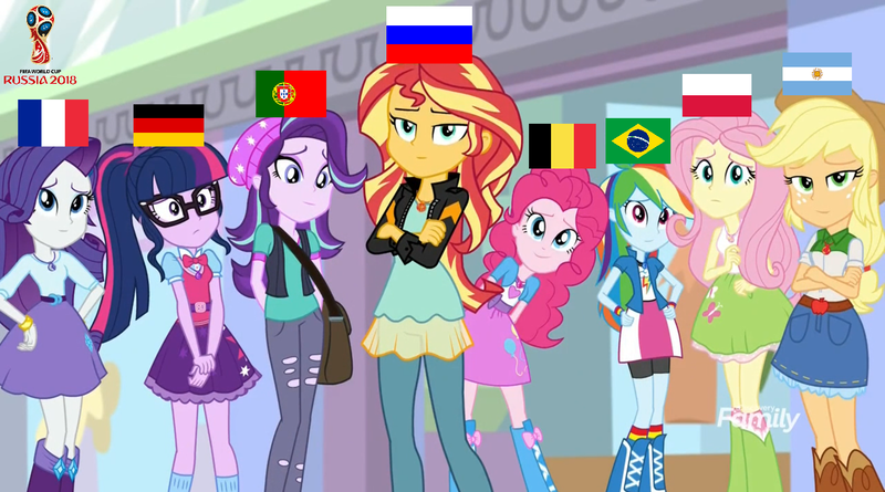 Size: 1280x712 | Tagged: safe, derpibooru import, applejack, fluttershy, pinkie pie, rainbow dash, rarity, sci-twi, starlight glimmer, sunset shimmer, twilight sparkle, equestria girls, mirror magic, spoiler:eqg specials, argentina, belgium, brazil, eqg flag-tag meme, france, germany, humane five, humane seven, humane six, obligatory pony, poland, portugal, russia, world cup 2018