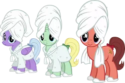 Size: 4033x2687 | Tagged: safe, artist:ironm17, derpibooru import, dear darling, fond feather, swoon song, earth pony, pegasus, pony, unicorn, background pony, bathrobe, bimbettes, clothes, female, mare, robe, simple background, slippers, smiling, towel, transparent background, trio, trio female, vector