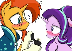 Size: 6024x4248 | Tagged: safe, artist:zemlya, derpibooru import, starlight glimmer, sunburst, pony, unicorn, absurd resolution, blushing, cape, clothes, crying, female, glasses, looking at each other, male, mare, marriage proposal, ring, shipping, simple background, smiling, stallion, starburst, straight, wedding ring, white background