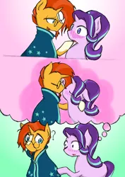 Size: 4264x6024 | Tagged: safe, artist:zemlya, derpibooru import, starlight glimmer, sunburst, pony, unicorn, absurd resolution, blushing, female, kissing, male, mare, shipping, stallion, starburst, straight, thought bubble