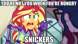 Size: 1920x1080 | Tagged: safe, derpibooru import, edit, edited screencap, screencap, sci-twi, sunset shimmer, twilight sparkle, equestria girls, friendship games, angry, exploitable meme, image macro, meme, snickers, sunset yells at twilight