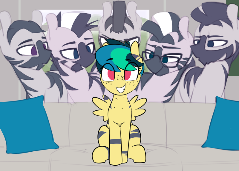 Size: 1835x1319 | Tagged: safe, artist:shinodage, derpibooru import, edit, oc, oc:apogee, unofficial characters only, pegasus, pony, zebra, :o, bedroom eyes, couch, cute, eyes on the prize, female, filly, freckles, glasses, grin, lidded eyes, looking at you, male, meme, open mouth, pegasus oc, pillow, piper perri surrounded, sitting, smiling, smirk, squee, stallion, striped, wings, zebra supremacy, zebradom