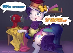 Size: 1200x875 | Tagged: safe, artist:oneofyouare, derpibooru import, rarity, pony, unicorn, fame and misfortune, clothes, commission, dialogue, dress, offscreen character, plot, rarisnap, sewing machine, solo, speech bubble, stress couture, why i'm creating a gown darling