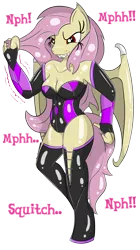 Size: 1954x3500 | Tagged: suggestive, artist:skyspeardraw, derpibooru import, fluttershy, anthro, bat pony, human, bondage, breasts, clothes, costume, encasement, female, flutterbat, gumtrap, human to anthro, latex, muffled moaning, race swap, rubber, simple background, struggling, tight, transparent background