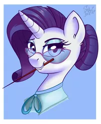 Size: 1535x1890 | Tagged: safe, artist:shadowreindeer, derpibooru import, rarity, unicorn, school daze, alternate hairstyle, bust, eyeshadow, female, glasses, hair bun, makeup, mare, mouth hold, necktie, pointer, portrait, schoolmarm rarity, smiling, solo, teacher