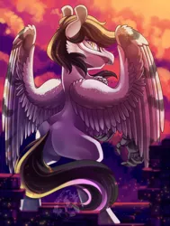 Size: 600x793 | Tagged: artist:breioom, castle, cheek fluff, chest fluff, cloud, derpibooru import, embers, fluffy, forest, hippogriff, looking at you, looking back, looking back at you, male, mask, oc, oc:silent flight, rearing, rear view, safe, solo, spread wings, sunset, unofficial characters only, wing fluff, wings