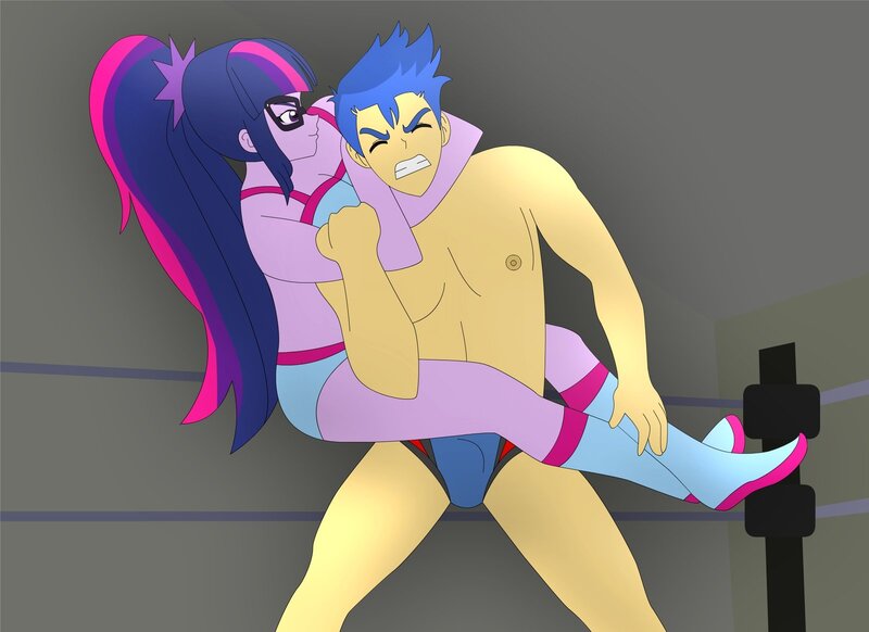 Size: 1600x1163 | Tagged: suggestive, artist:supermaxx92, derpibooru import, flash sentry, sci-twi, twilight sparkle, human, equestria girls, bikini, breasts, clothes, female, fight, flashlight, male, sciflash, shipping, speedo, sports, straight, swimsuit, underwear, wrestler, wrestling, wrestling ring