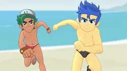 Size: 1600x900 | Tagged: suggestive, artist:supermaxx92, derpibooru import, flash sentry, timber spruce, equestria girls, equestria girls series, belly button, crotch bulge, male, males only, nudity, speedo