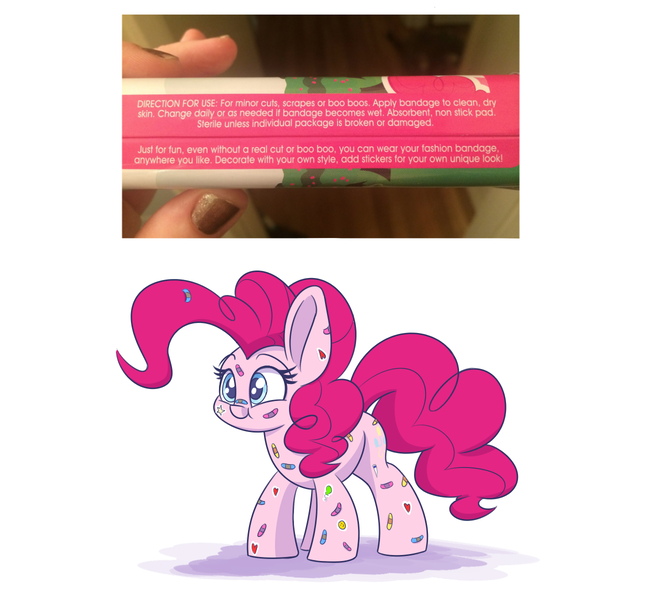 Size: 1300x1200 | Tagged: safe, artist:heir-of-rick, derpibooru import, pinkie pie, earth pony, pony, bandaid, cute, diapinkes, female, hidden cane, mare, merchandise, simple background, solo, white background