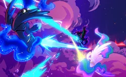 Size: 2622x1603 | Tagged: safe, artist:light262, artist:lummh, derpibooru import, nightmare moon, princess celestia, princess luna, alicorn, pony, comic:timey wimey, fighting is magic, angry, awesome, comic, eyes closed, female, fight, flying, gritted teeth, mare, patreon, spread wings, wings
