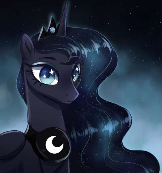 Size: 1477x1576 | Tagged: safe, artist:ghoasthead, artist:verawitch, derpibooru import, princess luna, alicorn, pony, bust, ethereal mane, female, image, mare, mist, night, png, sky, solo, starry mane, stars