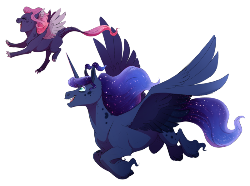 Size: 1024x764 | Tagged: safe, artist:vindhov, derpibooru import, princess luna, oc, oc:noctis, alicorn, dracony, hybrid, pony, digital art, duo, ethereal mane, female, filly, flying, happy, interspecies offspring, mare, mother and daughter, next generation, offspring, open mouth, parent:princess luna, parent:spike, parents:spiluna, simple background, starry mane, transparent background, unshorn fetlocks