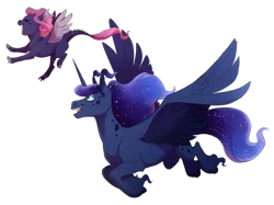 Size: 1024x764 | Tagged: safe, artist:vindhov, derpibooru import, princess luna, oc, oc:noctis, alicorn, dracony, hybrid, pony, digital art, duo, ethereal mane, female, filly, flying, happy, interspecies offspring, mare, mother and daughter, next generation, offspring, open mouth, parent:princess luna, parent:spike, parents:spiluna, simple background, starry mane, transparent background, unshorn fetlocks