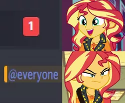 Size: 666x551 | Tagged: safe, derpibooru import, edit, screencap, sunset shimmer, equestria girls, equestria girls series, forgotten friendship, spoiler:eqg specials, @everyone, angry, disappointed, discord (program), excited, exploitable meme, meme, smiling, solo