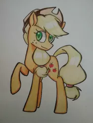 Size: 966x1288 | Tagged: safe, artist:ponime11, derpibooru import, applejack, earth pony, pony, cowboy hat, female, hat, looking at you, mare, marker drawing, raised hoof, simple background, solo, traditional art, white background