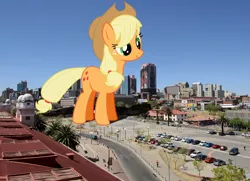 Size: 1980x1430 | Tagged: safe, artist:flawlesstea, artist:theotterpony, derpibooru import, applejack, pony, city, cowboy hat, female, freckles, giant pony, hat, highrise ponies, irl, johannesburg, macro, mare, photo, ponies in real life, solo, south africa, stetson, story in the source