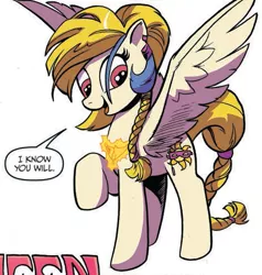 Size: 475x500 | Tagged: safe, artist:andypriceart, derpibooru import, idw, golden feather, princess celestia, pegasus, pony, spoiler:comic, spoiler:comic65, braid, braided tail, cropped, disguise, female, mare, official comic, pegasus celestia, race swap, raised hoof, simple background, solo, speech bubble, white background