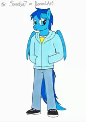Size: 2462x3492 | Tagged: anthro, artist:killerteddybear94, clothes, derpibooru import, hands in pockets, hoodie, jeans, looking away, oc, oc:karma, pants, pegasus, requested art, safe, shoes, traditional art, wings