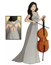 Size: 1024x1301 | Tagged: artist:morganadulac, cello, clothes, cutie mark on human, derpibooru import, dress, fancy, human, humanized, light skin, music, musical instrument, octavia melody, safe