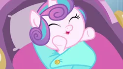 Size: 1280x720 | Tagged: safe, derpibooru import, screencap, princess flurry heart, pony, the times they are a changeling, adorable face, baby, baby blanket, baby pony, blanket, cradle, cuddly, cute, cuteness overload, cutest pony alive, cutest pony ever, daaaaaaaaaaaw, flurrybetes, hnnng, pillow, reaching, reaching out, safety pin, solo, swaddling, weapons-grade cute