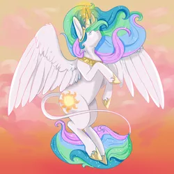 Size: 3600x3600 | Tagged: safe, artist:ami-lkshake, artist:andriamiles, derpibooru import, princess celestia, alicorn, pony, cloud, crown, ear fluff, female, glowing eyes, hoof shoes, jewelry, leonine tail, magic, majestic, mare, necklace, no mouth, regalia, sky, solo, spread wings, sunset, wing fluff, wings