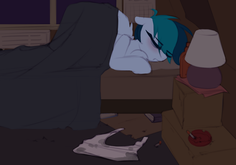 Size: 1649x1152 | Tagged: safe, artist:shinodage, derpibooru import, oc, oc:delta vee, unofficial characters only, pegasus, pony, alcohol, ashtray, bed, blanket, book, cigarette, delta vee's junkyard, description is relevant, eyes closed, female, lamp, mare, sleeping, solo, spread wings, wingboner, wings