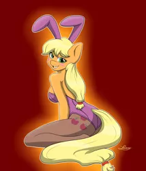 Size: 3000x3500 | Tagged: suggestive, artist:lordzid, derpibooru import, applejack, anthro, earth pony, adorasexy, breasts, bunny ears, bunny suit, clothes, cute, female, freckles, kneeling, looking at you, looking back, looking back at you, sexy, shoulder freckles, solo, solo female