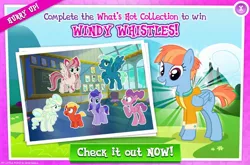 Size: 1156x764 | Tagged: advertisement, angel wings, collection, derpibooru import, determined trainee, female, game, gameloft, game screencap, hyacinth dawn, loosey-goosey, male, official, safe, short fuse, sky stinger, vapor trail, windy whistles, wonderbolts