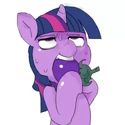 Size: 2000x2000 | Tagged: suggestive, artist:baigak, derpibooru import, twilight sparkle, pony, eating, eggplant, female, food, not porn, simple background, solo, suggestive eating, sweat, white background