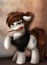 Size: 2550x3509 | Tagged: safe, artist:pridark, derpibooru import, oc, unofficial characters only, earth pony, pony, clothes, commission, dangerous, female, looking at you, mare, mouth hold, solo