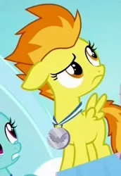 Size: 366x533 | Tagged: safe, derpibooru import, screencap, fleetfoot, spitfire, pegasus, pony, parental glideance, confused, cropped, cute, cutefire, female, filly, filly spitfire, flashback, floppy ears, foal, frown, looking up, medal, obscured face, raised eyebrow, silver medal, solo focus, spread wings, wings, younger